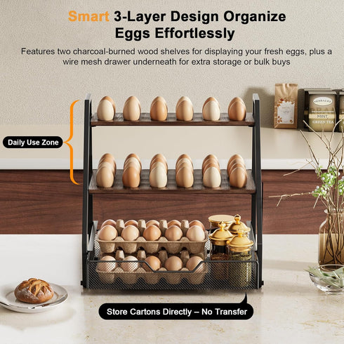 Wolera 3-Tier Countertop 36+90 Countertop 150+ Wooden Fresh Egg Holder With Basket for Eggs, Storage for with Carry
