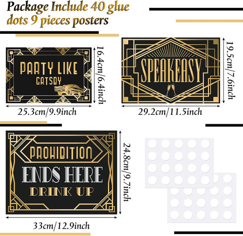 LINGXIU 9 Pieces Roaring 20s Party Decorations, Black and Gold Retro Jazz Wall Signs Kit for 1920s Speakeasy