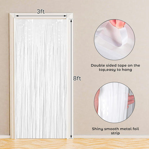 BTSD-home 4 Pack 3x 8ft White Foil Fringe Curtain Backdrop, Party Streamers Decorations for Metallic Photo Booth,