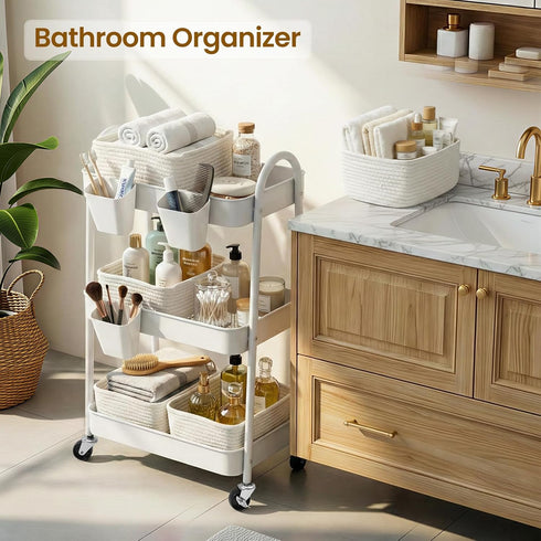 3-Tier 4 Rolling Utility Cart with Woven Baskets, Diaper Book Snack Cart, Storage Organizer for Nursery, Kitchen, Craft