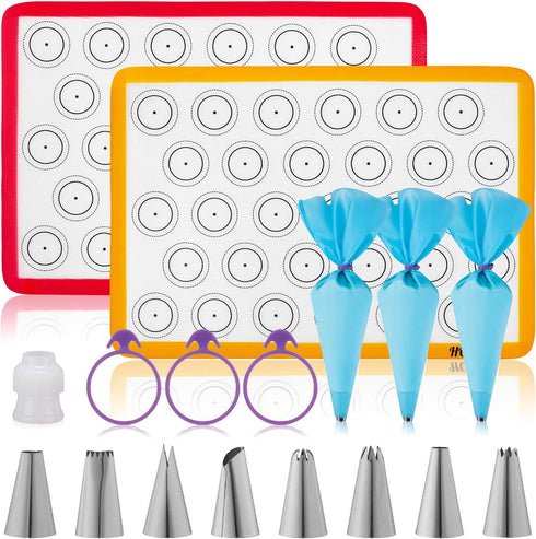 HOTPOP Piping Bags and Tips Set for Macarons - 17-Piece Baking Supplies Kit, Reusable Silicone Pastry Bags