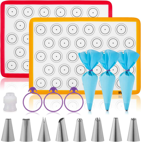 HOTPOP Piping Bags and Tips Set for Macarons - 17-Piece Baking Supplies Kit, Reusable Silicone Pastry Bags