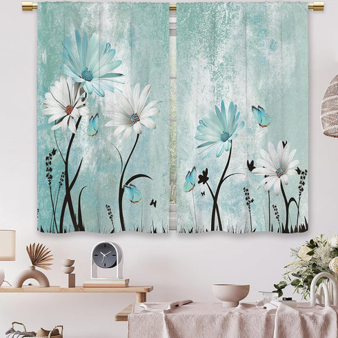 Farmhouse Flower Kitchen Curtains, Teal Rustic Daisy Floral Short Cafe Window Drapes, Vintage Turquoise Rod Pocket