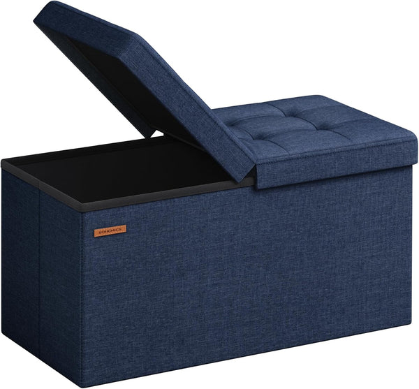 SONGMICS Foldable Storage Ottoman, 15 x 30 x 15 Inches, Midnight Blue, 660 lb Load Capacity