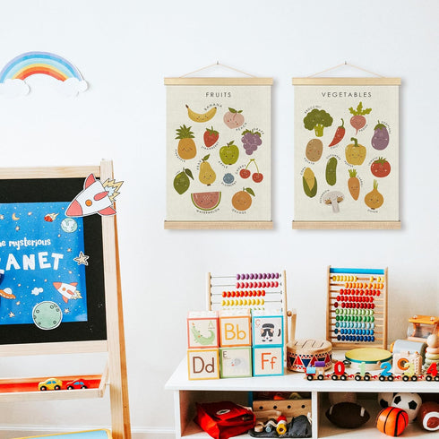 Set 2, 12x16 Inches BCUANGD Fruits Vegetables Wall Decor - Toddlers Kids Preschool Poster Hanger with Wood Frames