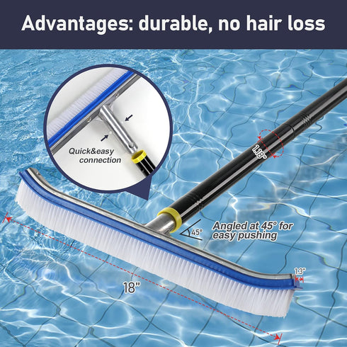 FLY HAWK Swimming Brush,18" Pool Wall Tile Polished Aluminum Back Pool Scrub Brush Head Designed for Cleans Walls