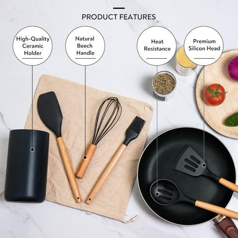 Kitchen Utensil Set, 13 pcs Non-Stick Silicone Cooking Utensils Spatula Set with Ceramic Holder, Black Holder