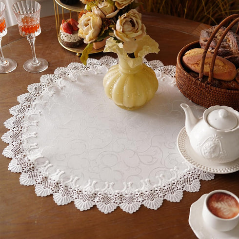 24 Inches Lace Elegant White Jacquard Round Doily Tablecloth Small Overlay Table Topper Dresser Scarf for Home Kitchen
