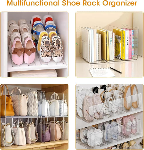 Adando Closet (4 Pack) Kids Shoe Organizer Stackable: Clear Acrylic Baby Shoe Rack with Dividers - Storage for Toddlers