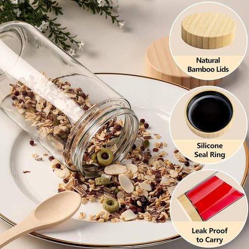 4 Pack 24oz TBWIND Glass Jars with Bamboo Lids, Spoons, Airtight Overnight Oats Containers, Wide Mouth Mason Jars, Food