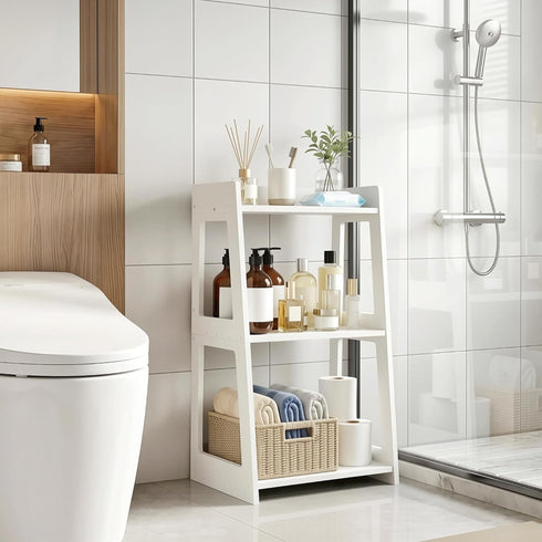 3-Tier (11.8" 15.7" 27.6" Bathroom Ladder Shelf Freestanding, White Floor Shelves Open Shelving Unit, Small Bookshelf