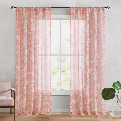FMFUNCTEX Linen Sheer Curtains, Blush Pink Blossom Patterned, 96 Inches Long, Floral Drapes for Kids Room and Living