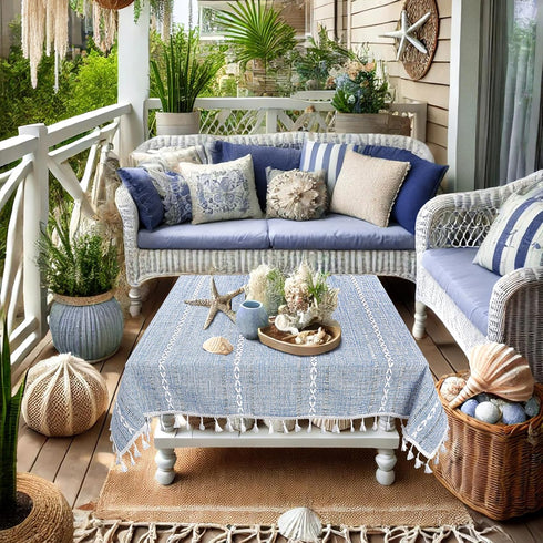 36''x36'', Summer Small Blue Square Tablecloth Spring Dusty Blue and White Linen Coffee Table Cover, Boho Nightstand