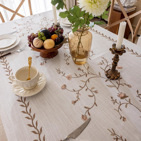 55''x 70'' Joyfol Day Linen Waterproof Tablecloth with Tassels, Rustic Farmhouse Flowers Embroidery Table Cloths