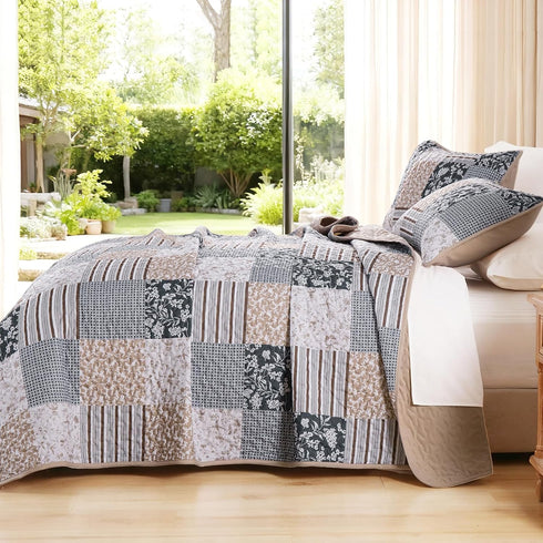 Set 3 Set, Set 90"x96" Mybedsoul Patchwork Quilt Queen Size, Pieces Blue Brown Floral Plaid Bedspread Coverlet