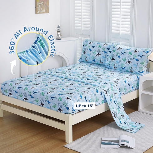 4 Set Sets Viviland Pieces Boys Blue Ocean Full Sheet - Soft Microfiber Fitted Flat Sheets & Pillowcases - Blue Ocean