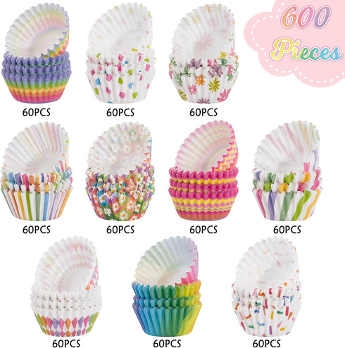 600pcs Rainbow Mini Cupcake Paper Liners, Colorful Baking Cups Muffin Paper Case Cupcakes Wrappers for Baby Shower, Cake Chocolate Candy Wrap Making Supplies for Birthday Wedding (10 Styles) by COcnny