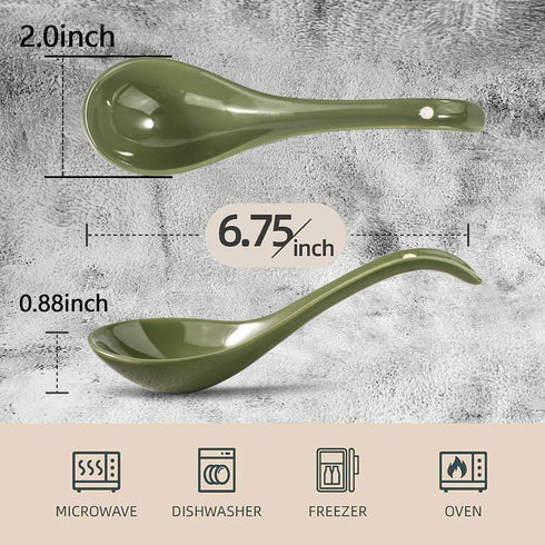 Artena 6.75 inch Solid Asian Soup Spoon Set of 6,Ultra-fine Porcelain Japanese Soup Spoon,Ramen Spoons for Pho Noodles Miso, Chinese Soup Spoons for Dumpling Wonton Cereal, Deep Oval Hook Design-Green