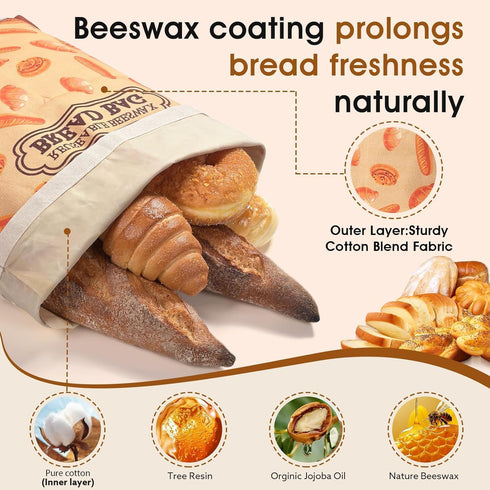 2 Pack Beeswax Bread Bags for Sourdough Homemade Bread, XL Cotton Lining Sourdough Reusable Natural Beeswax Bread