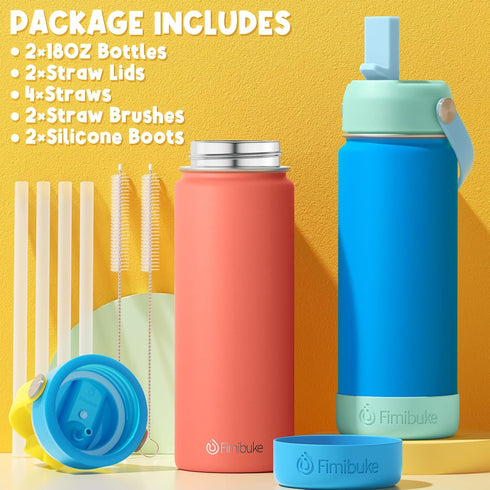 Fimibuke Kids Insulated Water Bottle - 18oz BPA-FREE Cup with Straw, Double Wall Vacuum Tumbler (2 Pack, Underwater