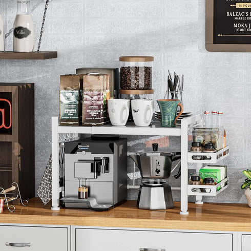 Adjustable Over the Microwave Shelf, 2 Tier Microwave Rack with Spice Organizer and Hooks for Kitchen, White