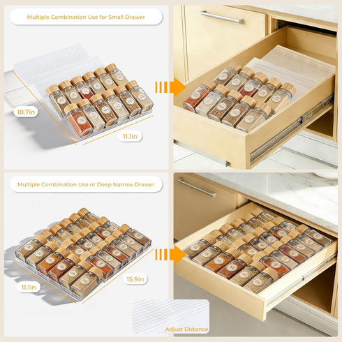 4 Tier(4 Packs), 11" 22" Acrylic Spice Drawer Organizer Expandable from to Seasoning Organizer Tray for Kitchen - Clear
