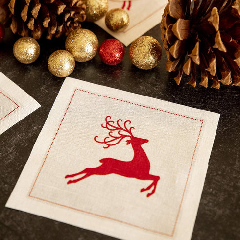 Five Star Napkins Reindeer Christmas Cocktail Napkins, White Linen, 4.5" x 4.5", Single Use - 50 Count