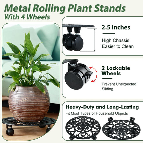 14 Inch 1 Pack Rolling Plant Stand with Wheels Metal Plant Caddy with Wheels Heavy Duty Round Plant Stand Indoor Iron