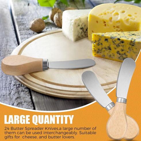24 Pcs Little Cheese Spreader Knives, 4.7 Inch Stainless Steel Butter Spreader Knives with Wooden Handle, Mini Butter
