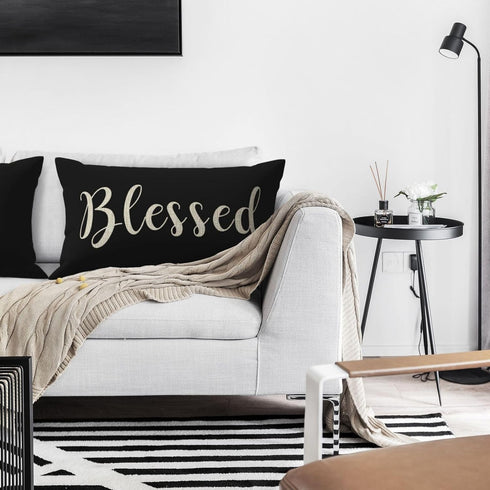 Nice Gift Inspirational Blessed Letters Waist Lumbar Black Cotton Linen Throw Pillow Case for Home Decor