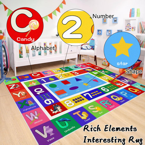 4' 2'7" ABC Kids Play Rug - Number Alphabet Shape Fruit Learning Educational Area Rug - Large Non-Slip Kids Room Play