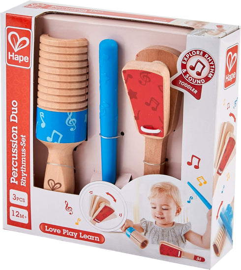 Hape Percussion Duo | Wooden Musical Instrument Toy Set with Clapper & Guiro for Toddlers