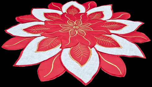 Embroidered Holiday Christmas Doily Placemat, Red White and Gold Star Poinsettia Small Table Topper (24 Inch)