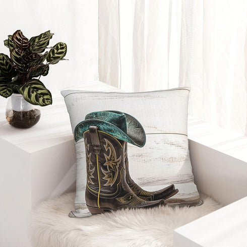 Western Cowboy Hat and Cowgirl Boots Decorative Throw Pillow Covers, 18x18 Inch Square Cushion Cover for Sofa Couch