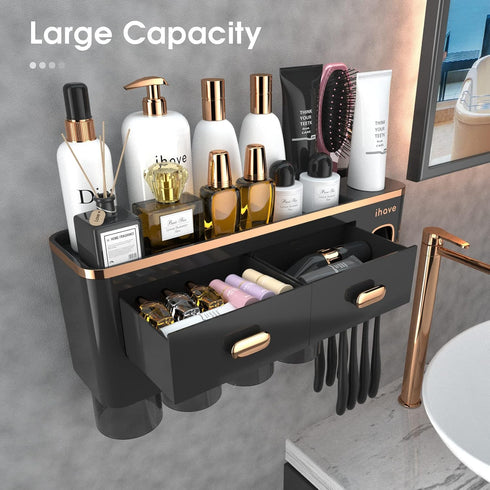 4 iHave Toothbrush Holders Wall Mounted with Toothpaste Dispenser & Cups - Luxury Black and Gold Design for Bathroom
