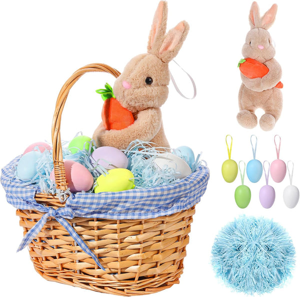 SiliFine Easter Bunny Gift Basket, Include Wicker Basket with Liner Gingham, Easter