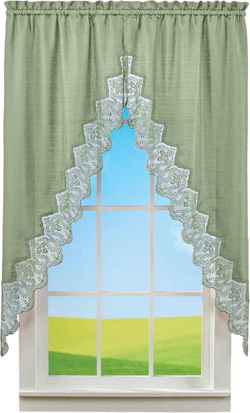 Collections Etc Elegant Lace Border Trim & Solid-Color Window Curtain Sage Swags