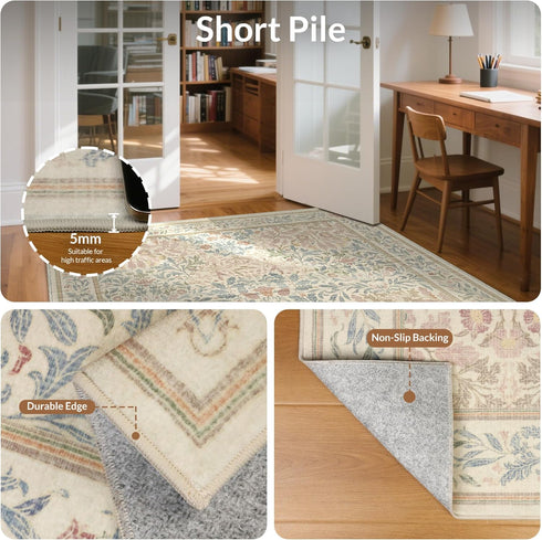 5x7 GENIMO Washable Area Rug, Non-Slip Vintage Boho Floral Carpet, Soft Low-Pile Thin Bedroom Rug for Living Room