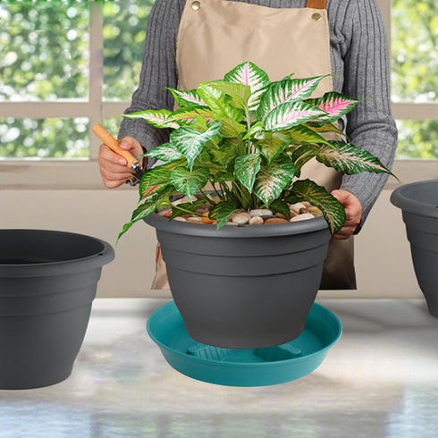 Feyvdzv 4 Pack 10 inch, 8 12 14 17 inch, Plant Saucer Plant Stand Plastic Plant Saucers for Indoors Outdoor, Heavy Duty