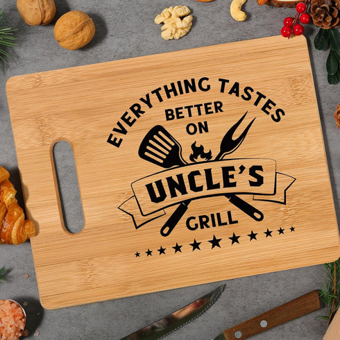 Uncle Gifts, Best Uncle Birthday Gifts from Niece Nephew - Unique Bamboo Cutting Board - Cool Fathers Day Christmas Gifts for Uncle - Everything Tastes Better on Uncle's Grill