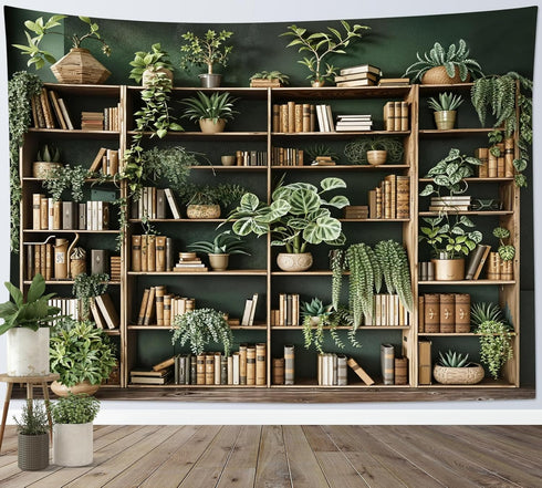 70.9L 92.5W Inches HVEST Vintage Green Bookshelf Tapestry Botanical Library Wall Hanging, Books with Plant Potted