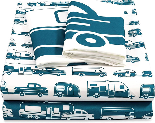 Camco Life is Better at The Campsite Queen-Size Bed Sheets Set, Blue RV Print (53298) Includes Fitted, Flat Sheet,