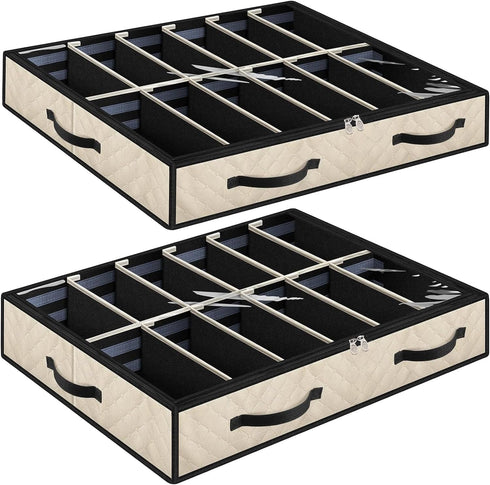 Under Bed Shoe Storage, Set of 2 | Sturdy Sidewalls, Adjustable Dividers, Reinforced Handle, Beige