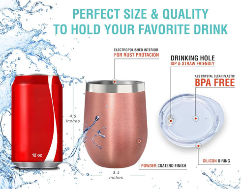 CHILLOUT LIFE 12 oz Stainless Steel Tumbler with Lid & Gift Box, Rose Gold Wine Tumbler Double Wall Insulated