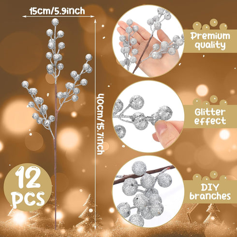 12 16 Inches Norme Pcs Glitter Silver Picks for Christmas Tree Decoration Silver Christmas Tree Ornaments DIY Xmas
