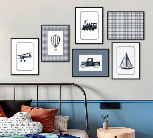 6Pcs Sailboat 12"x16" Vintage Transportation Nursery Wall Art Navy Blue Hot Air Balloon Biplane Train Truck Pictures