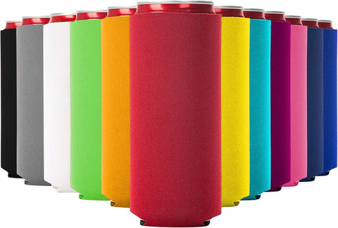 Slim Can Cooler Sleeves 12 Pack – Blank Foldable Neoprene 12oz Can Insulators – Skinny Beverage Coolers for Beer & Soda