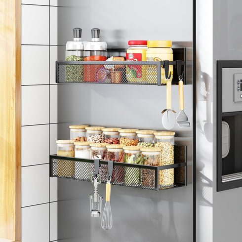 Magnetic Spice Rack for Refrigerator, 2 Pack Organizer with Moveable 4 Hooks, Magnetic Fridge Shelf for Kitchen Storage