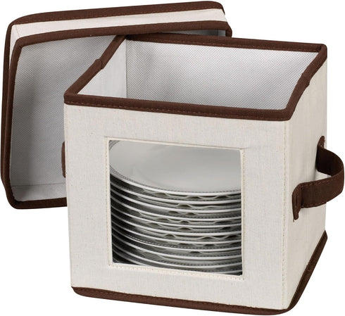 Household Essentials 534 Dinnerware Storage Box, Lid and Handles, Chest for Salad Plates, Natural Canvas with Brown Trim
