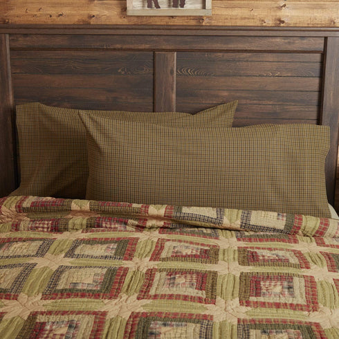 VHC Brands Tea Cabin Green Plaid King Pillow Case Set of 2, 21x40 Country Rustic Bedding Accessory